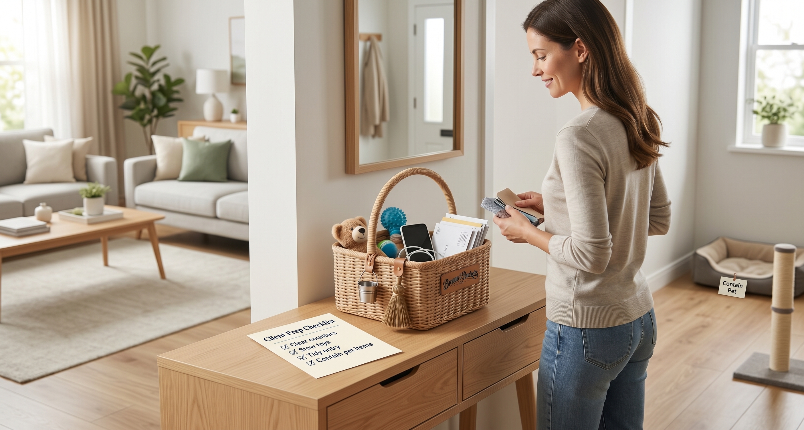 A woman sorting items into a basket beside a client prep checklist.